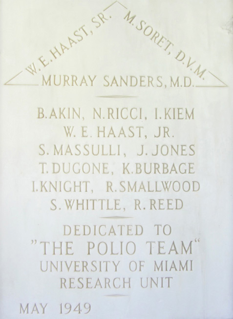 Marble plaque in honor of the Polio Team